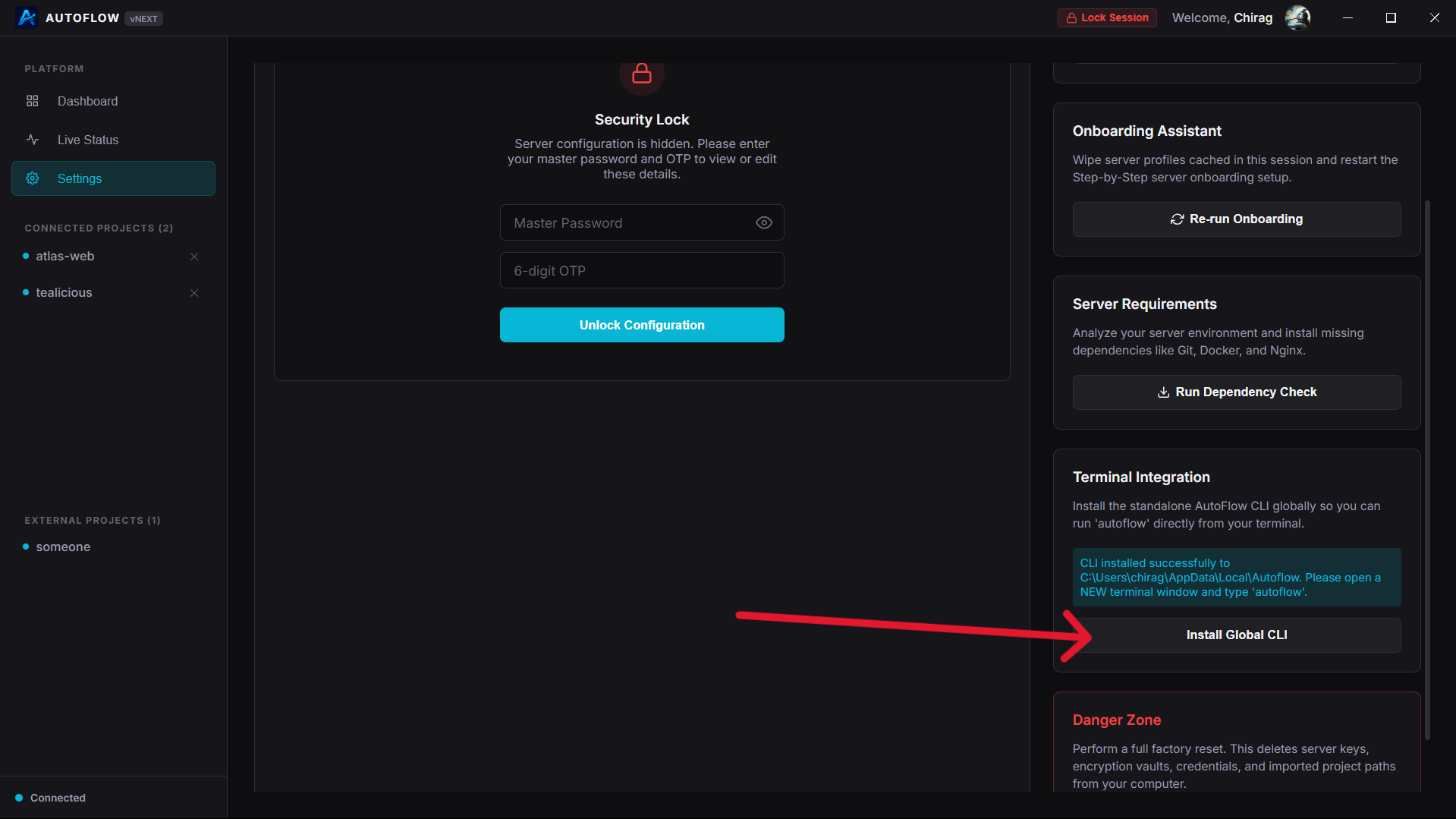 AutoFlow CLI Settings Integration Page
