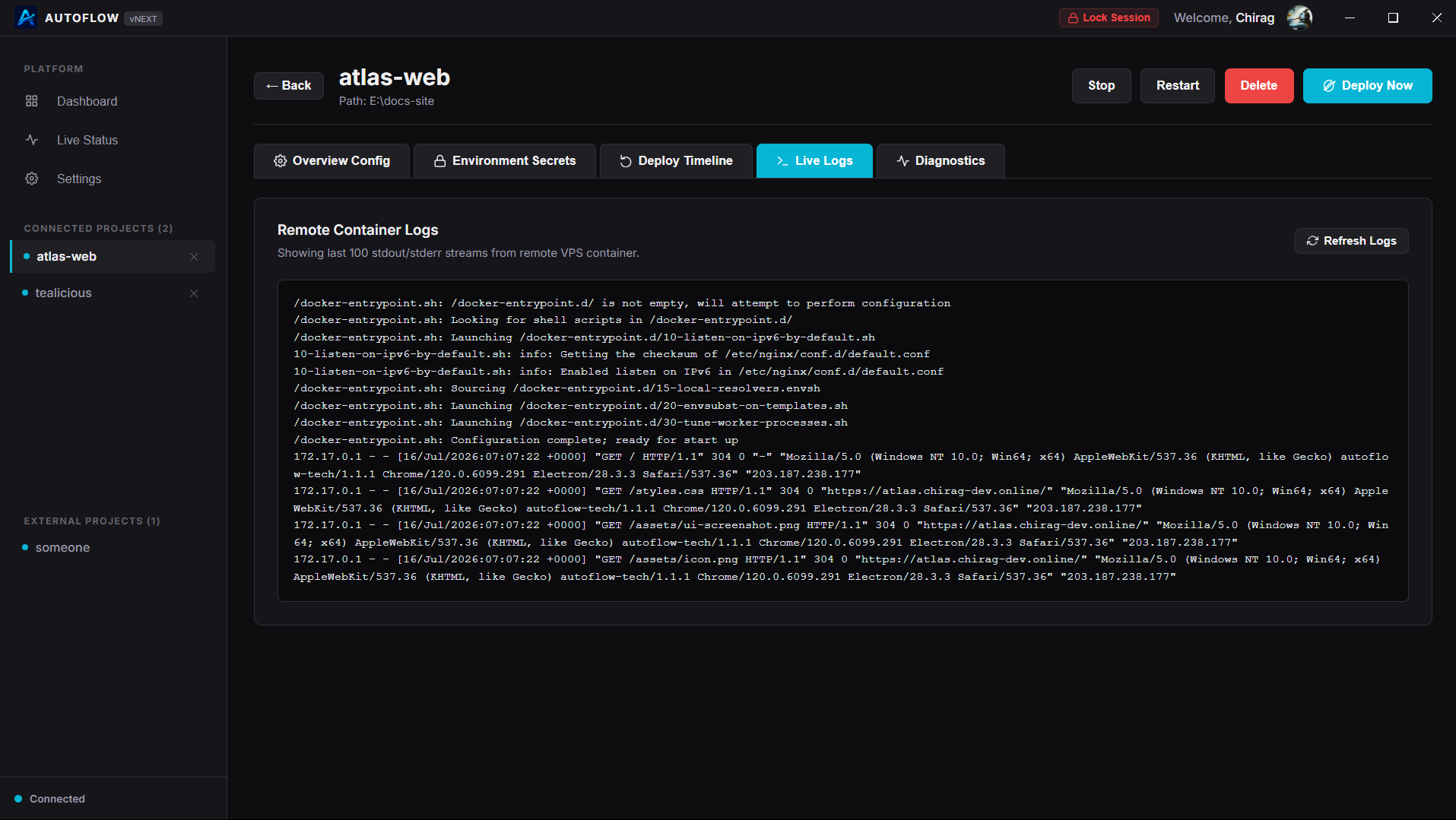 AutoFlow Live Logs Streaming Console