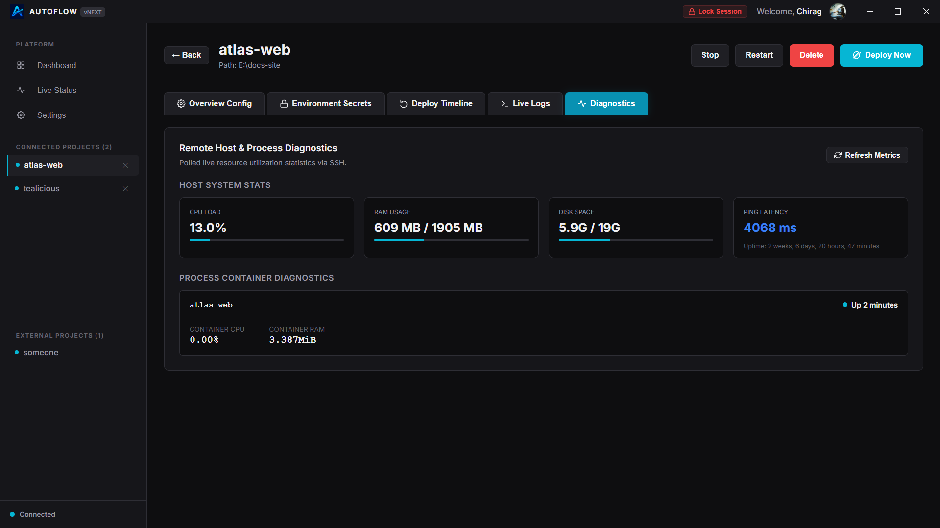 AutoFlow Project Dashboard Diagnostics and Controls